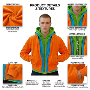 Sudadera con capucha de invierno personalizada de 3 capas con cremallera completa, estilo oversized, bloques de color, bordada, 100% algodón para hombre, al por mayor - Product Image 4