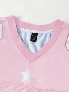 Camiseta Deportiva Rosa de Malla, Secado Rápido, Transpirable, Cuello en V, Manga Corta, para Fútbol, con Número y Letra Personalizados, Estilo Urbano, Tops con Diseño de Bandera - Product Image 6