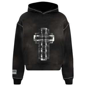 Sweat-shirt à capuche zippé pour homme de haute qualité, en coton French Terry, délavé à l'acide, effet usé, fabrication artisanale, avec patch brodé - Product Image 5