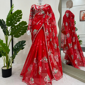 Sari en Georgette lourd avec travail de fil et de sequins, impression numérique, chemisier assorti, prêt à porter, luxe - Product Image 1