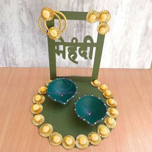 Platos decorativos multiusos Mehndi de diseñador tradicional con hermosa flor amarilla Workk Mehndi plato para decoración de boda - Product Image 4