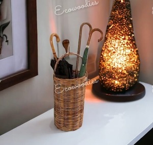 Luxury Classical Style Home <b>Umbrella</b> Stand Wicker and Metal Rattan <b>Holder</b> with Bamboo Storage Baskets for Home Decoration - Product Image 3