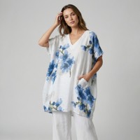 Tunique décontractée oversize d'été à col en V avec poches, imprimé floral à sequins, 100 % lin et mousseline, respirante, lavable, manches courtes, coupe ample