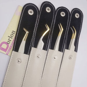 Pinzas de pestañas de piel beige con polvo de diamante con puntas doradas, pinzas de extensión de pestañas semicurvadas curvas de acero inoxidable con volumen - Product Image 1