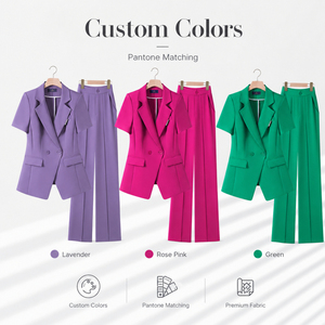 Elegante Completo Donna con Blazer a Maniche Corte e Pantaloni a Gamba Larga, Set Professionale da Ufficio Estivo - Product Image 3