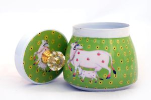 Tapa de olla de cerámica de diseño tradicional indio de lujo, contenedor de almacenamiento decorativo multiusos pintado a mano para botellas de almacenamiento, tarros - Product Image 5