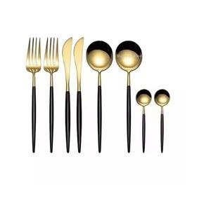 Juego de cubiertos de lujo de acero inoxidable chapado en oro con diseño elegante, mango de esmalte negro para vajilla de boda, juego de cubiertos, caja personalizada - Product Image 1
