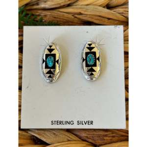 <b>Sterling</b> <b>Silver</b> Navajo Shadowbox <b>Stud</b> <b>Earrings</b> with Diamond and Pearl - Product Image 3