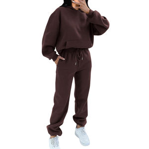 Couleur unie femmes survêtement Street Wear deux pièces ensemble Jogging costume décontracté 100% coton course pleine longueur dames survêtement - Product Image 6