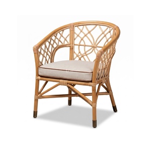 Fauteuil en rotin naturel avec coussin, dossier artisanal motif soleil, pour salon, hôtel, mobilier de resort - Product Image 1