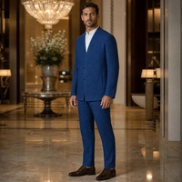 Costume homme bleu cobalt sans col, col en V, fermetures à nœuds, poches latérales, style chinois, costumes d'affaires pour hommes, sur mesure MTM