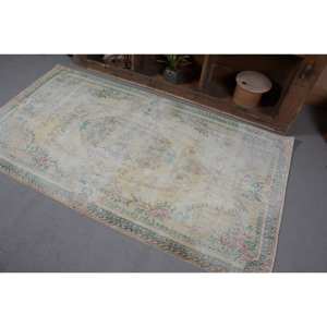 Vintage 3.6 X 6.6ft Yellow Turkish Wool Rug Handmade Classic Large Area Abstract Patchwork Rectangular Hallway Design Latex - Product Image 3