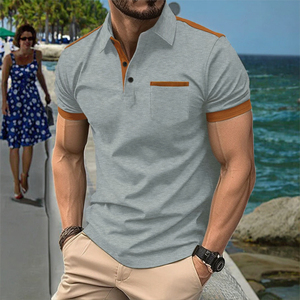 Men's Short Sleeve for Shirt Navy <b>Orange</b> Trim Cotton Pique Casual Breathable Printed Knitted Design Pocket Anti-Wrinkle 180g - Product Image 3