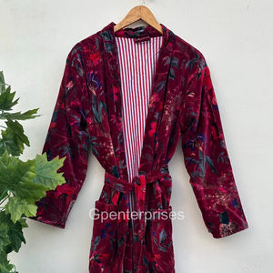 Kimono de algodón de terciopelo rojo oscuro, bata, chaqueta, bata, estampado de pájaro, boda, dama de honor, talla libre, transpirable - Product Image 1