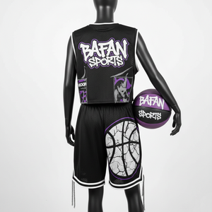 Conjunto de Camiseta y Pantalones Cortos de Baloncesto para Mujer, Tejido de Malla de Poliéster Transpirable de Primera Calidad, 180 GSM, Diseño de Paneles Negros y Morados, Conjuntos para Mujer - Product Image 2