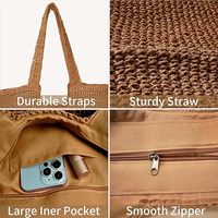Sac de plage en paille tendance pour femme, grand sac en paille tissé d'été, léger, pliable, fermeture éclair, sac à main à bandoulière