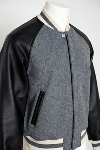 Custom 3D Puff Embroidery Varsity Jacket Men Women Green Melton Wool Real Leather Sleeves Striped Collar Cuffs Hem Snap <b>Button</b> - Product Image 4