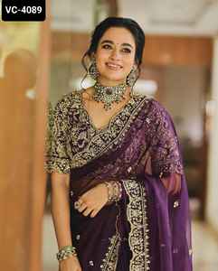 Vêtements ethniques indiens organza pur et doux avec bordure en dentelle brodée avec partout Butta Work Wedding and Festival Wear Saree - Product Image 1