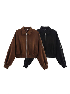 Chaqueta de cuero de motocicleta de moda para mujer, chaqueta de cuero de mujer con patrón sólido holgado corto con costuras contrastantes en blanco y marrón - Product Image 6