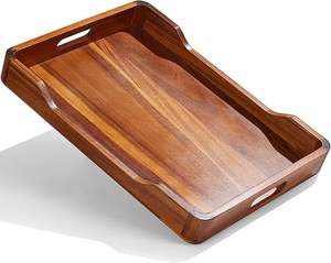 Plateau de service rectangulaire en bois d'acacia avec poignées, grand plateau décoratif pour Ottoman, plateau de service pour aliments et boissons, 16x12 pouces, usage domestique - Product Image 1