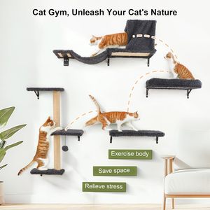 5 En 1 moderno gris Drywall 16 \ "gato pared muebles conjunto ahorro de espacio gato árbol rascador postes cama sofá percha - Product Image 5