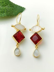 Gold Plated <b>Red</b> and White Stone <b>Earrings</b> for Women | Handmade Dangle Gemstone <b>Earrings</b> | Brass Base Fashion Jewelry - Product Image 6