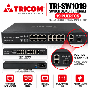 Switch Ethernet Gigabit 16 ports + 2 ports UPLINK + 1 port SFP. Ordinateur de bureau et 19 pouces TRICOM - Product Image 2