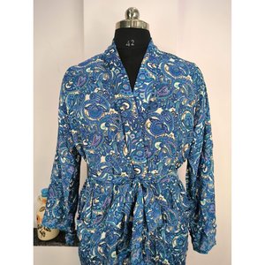 Kimono élégant en soie 100% douce pour homme, style bohème, bleu et jaune, taille XL, vêtement d'intérieur, inspiré de l'hiver, motif cachemire roi persan, pour la plage - Product Image 5