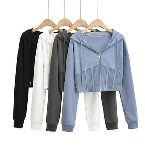 Sweat-shirt à capuche pour femme, à côtes, à motif d'arête de poisson, taille cintrée, fermeture éclair ouverte, respirant, sweat-shirt court décontracté pour la saison d'automne - Product Image 1