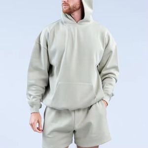 Ensemble de survêtement en molleton technique en coton et polyester personnalisable, respirant, à capuche, uni, blanc, pour le sport, la salle de sport, coupe ample, shorts - Product Image 1