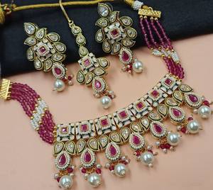 Most Trendy <b>Jewellery</b> For Indian Wedding Function CZ Stone Studded With Pearl Work Necklace Set Earrings & Mangtika Set - Product Image 1