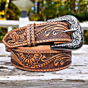 Hand-<b>Tooled</b> Vintage Cowboy <b>Belt</b> Genuine <b>Leather</b> with Engraved Alloy Buckle Customisable Length Made in India - Product Image 1