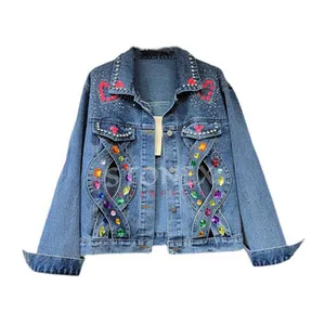 Femmes Automne Nouvelle Mode Irrégulière Cristal Perles Oversize Femmes Jean Veste En Gros Vestes Personnalisées - Product Image 1