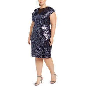 Teeze Me Abito da donna alla moda taglie forti con paillettes blu, taglie 2XL XL 3XL, lunghezza al ginocchio, modello a tubino, con perline naturali, formale, tradizionale - Product Image 1