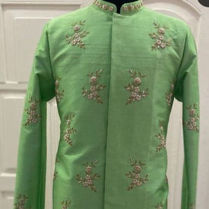 2024 Sherwani de talla grande para ropa de fiesta de novio Zari bordado seda cruda Color claro pantalón a juego cristal transpirable - Product Image 1