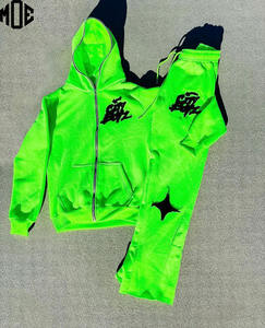 Neon Green Applique Embroidery Zip <b>Hoodie</b> Jogger Set Men Women Winter <b>Leopard</b> <b>Print</b> Streetwear Tracksuit Custom Logo Two Piece - Product Image 4