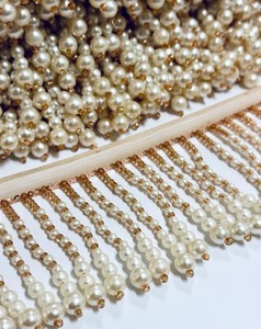 Cream Round Pearls, Rose Gold Seed <b>Beaded</b> Lace Trim Sew-on, Saree Tassel, Bridal belts, Wedding Dress, <b>Lamp</b> <b>Shade</b> - Product Image 3