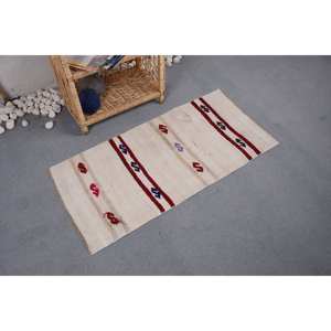 พรมตุรกีโบราณแบบทันสมัยขนาด1.7 x 3.6ft สีเบจสีแดงงานปะต่อทรงสี่เหลี่ยมผืนผ้าผืนใหญ่ลายโถงทางเดินขนแกะ10มม. ลาเท็กซ์วิสคอส - Product Image 3