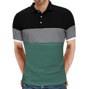 Polos de manga corta personalizados para hombre, camisetas de algodón a rayas con costuras de colores en contraste para deportes informales - Product Image 4