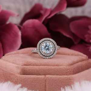 Or blanc massif 14 carats diamants cultivés en laboratoire bleu rond Double Halo bague de fiançailles mariage bague de mariée ensemble cadeau à la mode pour elle - Product Image 1