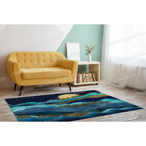 Alfombra de Lana con Diseño Tradicional de Paisaje de Montaña Azul, Ecológica, Sin Tejer, con Respaldo de Látex Suave - Product Image 2