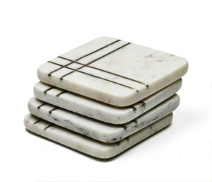 <b>Round</b> Coaster Set White Marble With Brass Inlay Custom Wood Coaster Set with Handmade Bone and Brass Inlay Made in India - Product Image 1