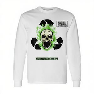 Camiseta de manga larga con diseño de calavera en llamas y símbolo de reciclaje, diseño atrevido con estampado gráfico de llamas verdes - Product Image 2