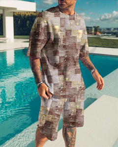 Conjuntos cortos de dos piezas de verano con estilo para hombres, camiseta informal de algodón personalizada de calle alta con opción de talla grande transpirable - Product Image 6