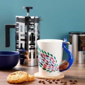 แก้วกาแฟเซรามิกสไตล์นอร์ดิก ลายพิมพ์นกยูง พร้อมหูจับ 3 มิติ ใช้กับเครื่องล้างจานและไมโครเวฟได้ มีฝาปิดและช้อนในตัว เหมาะสำหรับเป็นของขวัญ - Product Image 6