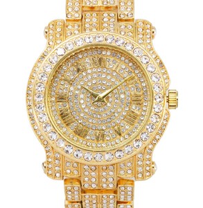 Montre-bracelet en métal bling à cadran romain, ton or, pavé de diamants glacés avec de la moissanite simulée, style business, acier inoxydable - Product Image 3