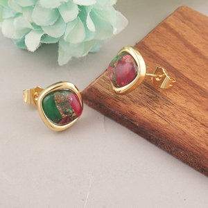 Boucles d'oreilles Mohave multi cuivre turquoise design anti-ternissement en laiton plaqué or boucles d'oreilles minimales délicates - Product Image 4