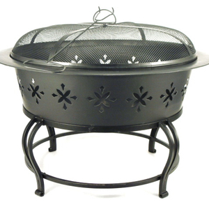 Metal Black <b>Fire</b> Pit Round Bowl With Mesh Lid Cover and Poker Stick for Outdoor Decor - Product Image 1