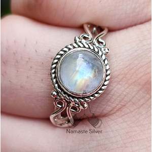 Rainbow Moonstone Sterling Silver <b>Ring</b> Handmade <b>Boho</b> Natural Gemstone Fine Jewelry Set Women's 9mm Bezel Setting Birthday - Product Image 6