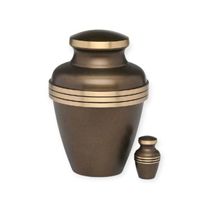 Modern Bronze Tone Metal <b>keepsake</b> Urn With Dual Gold Band Accents And Matching Mini <b>Keepsake</b> Urn - Product Image 1